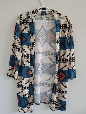 J&J L Fashion Aztec Print Open Front Kimono Cardigan Sz L Western Rodeo Ranch